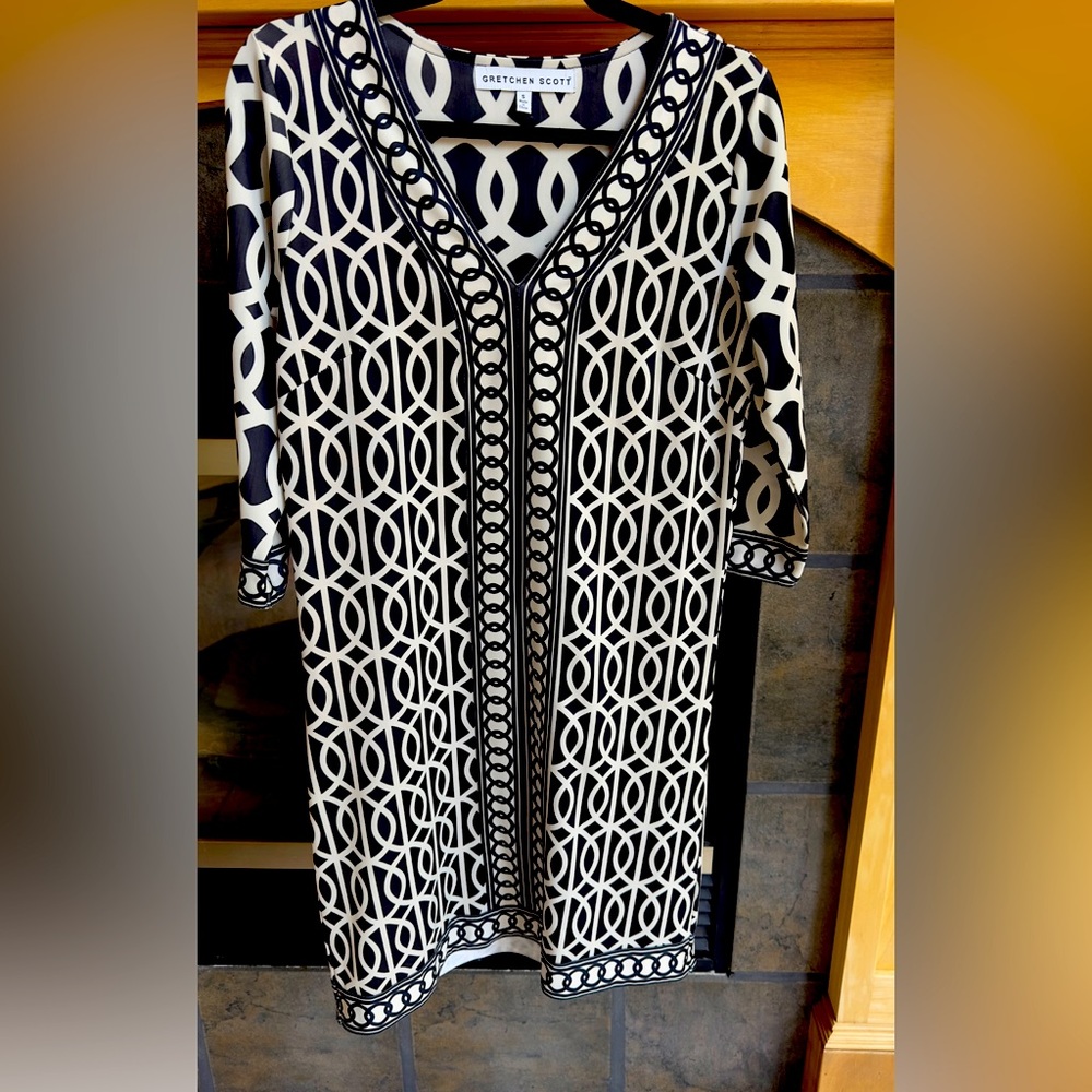 Gretchen Scott Designs Black and Ivory Geometric Dress Small EUC